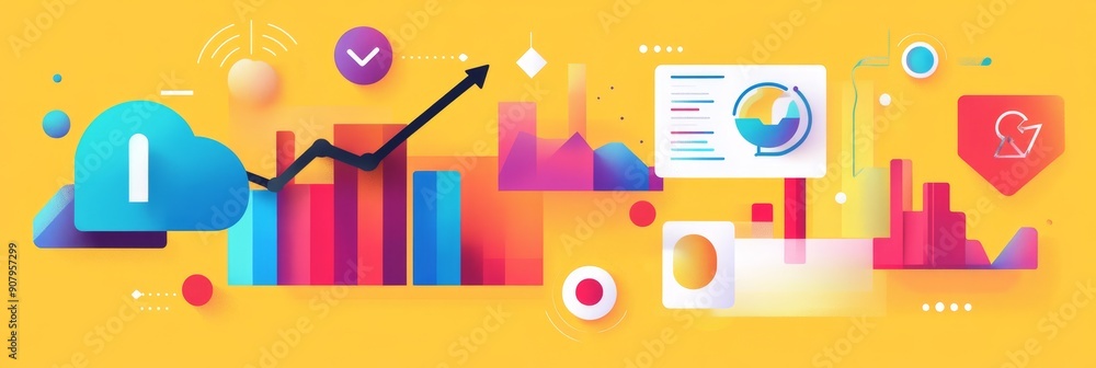 Poster this image symbolizes data-driven growth, with a cloud representing data storage, charts and graphs 