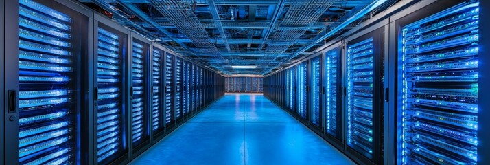 A long hallway inside a data center with rows of server racks lit by blue lights, symbolizing technology, connectivity, digital storage, data security, and high performance.
