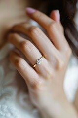 A close-up shot of a woman wearing a diamond wedding ring on her hand. Marriage and vows concept topics. 