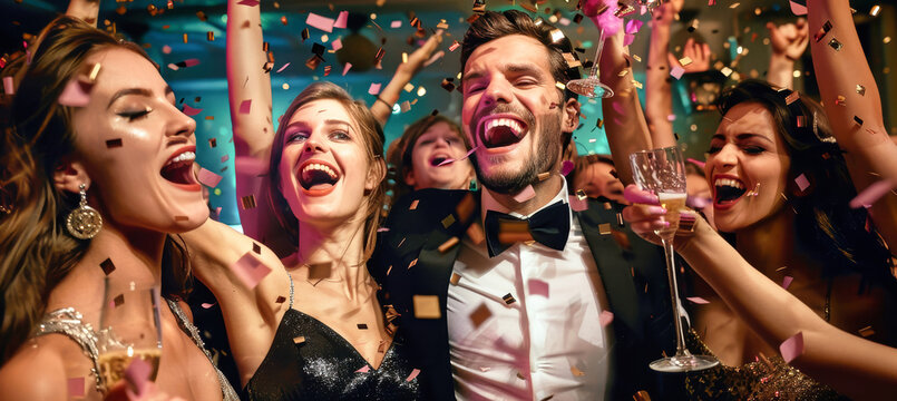 A dashing man in a tuxedo leads a group of stunning women in a joyful celebration, surrounded by confetti and laughter at a glamorous black tie event
