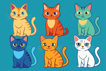 Six Cartoon Cats Sitting in Various Colors on a Blue Background