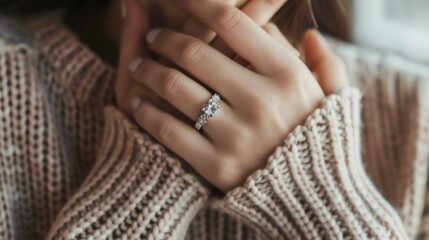 Obraz premium A close-up shot of a woman wearing a diamond wedding ring on her hand. Marriage and vows concept topics. 