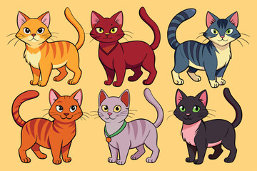 Six Cartoon Cats with Different Fur Colors and Patterns