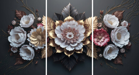 The predominantly white flowers are complemented by golden, pink, red, and brown accents, creating a visually captivating color palette. The dark gradient background, Generative AI