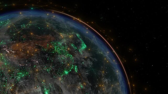 Captivating digital network around Asia emphasizing satellite internet connectivity, glowing green nodes, vibrant orange lines, global communication, digital Earth, advanced technology.