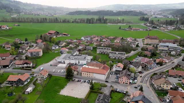 Village of Gruyere in Switzerland - aerial view by drone