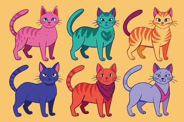 Six Colorful Cartoon Cats with Striped Tails