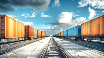 Fototapeta premium A freight train loaded with vibrant containers rests on the tracks, showcasing global logistics against a backdrop of a sunny shipyard