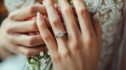 Fototapeta premium A close-up shot of a woman wearing a diamond wedding ring on her hand. Marriage and vows concept topics. 