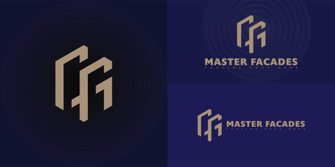 Abstract hexagon initial letter MF or FM in gold color isolated on multiple background colors. The logo is suitable for interior construction company logo design inspiration templates.