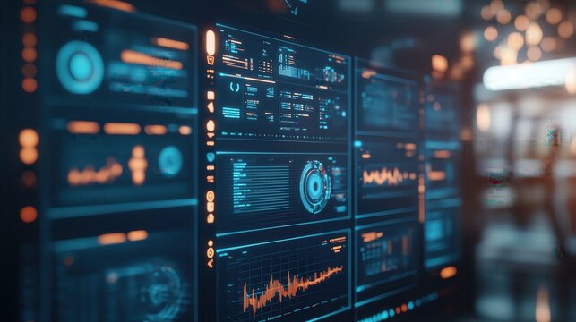 Sports analytics on holographic screens, advanced gym, cyberpunk, dark mode, 3D model