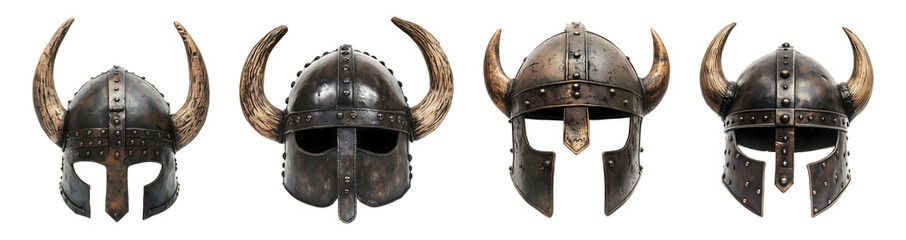 Set of Viking helmets isolated on transparent or white background