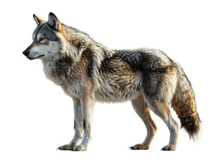 A majestic wolf standing majestically, showcasing its powerful physique and striking fur patterns in a natural pose.