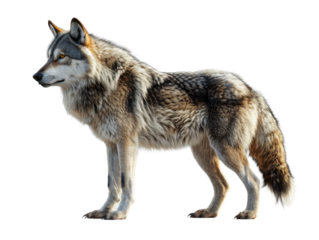 A majestic wolf standing majestically, showcasing its powerful physique and striking fur patterns in a natural pose.