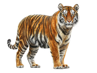 Naklejka premium Majestic tiger standing proudly, showcasing its striking orange and black stripes in a natural pose, symbolizing strength and beauty.