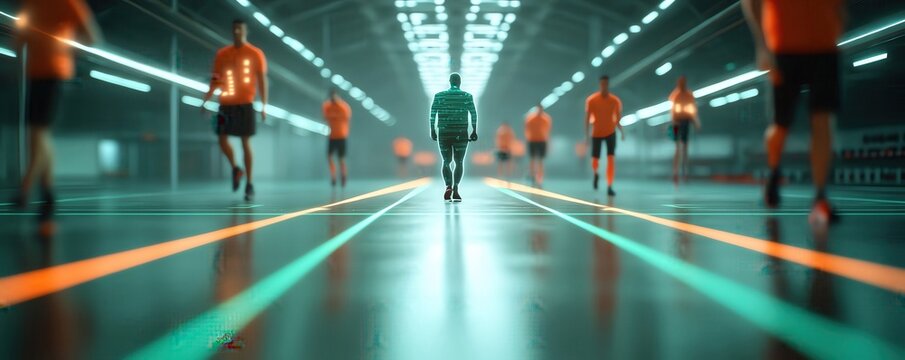 Sports team in a sleek gym with holographic coaches, scifi, neon green, 3D model