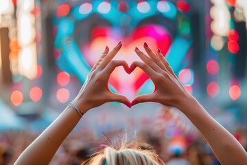 Young woman making a heart shape with hands at a vibrant music festival