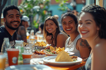Young happy people having lunch together in a vibrant Mexican restaurant, enjoying delicious food and lively atmosphere.