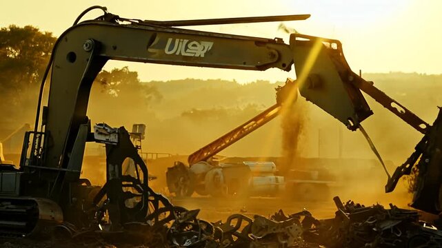 Powerful Claw Machine Grabs Metal in Junkyard Under Sunlight Generative AI