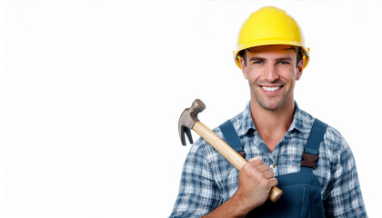 The Handyman's Smile: A cheerful construction worker in his element, sporting a warm smile and holding a trusty hammer, ready to tackle any task. 