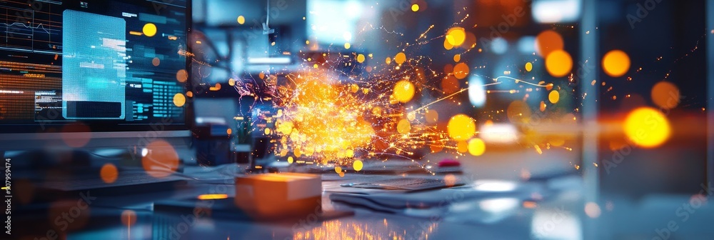 Poster a computer screen displays data and code, symbolizing innovation, while a glowing orb explodes with 
