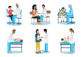 Child at the doctor. Nurse gives the child a vaccination, doctor examines and weighs the child and listens to the lungs with a stethoscope. Pediatrics. Set of vector illustrations.