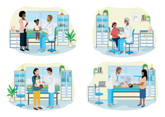 Mother with child at doctor's office. Friendly doctor examining child. Pediatrics. Set of vector illustrations in flat style.