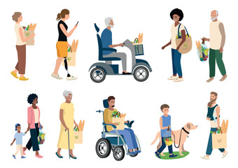 Happy people of different gender, age and race, people in electric wheelchairs, walking and riding with groceries from the store. Set of vector illustrations on a white background.