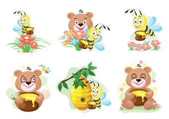 Cheerful teddy bear with a bouquet of flowers, a pot of honey and a cheerful bee. Set of vector templates in cartoon style for greeting cards.