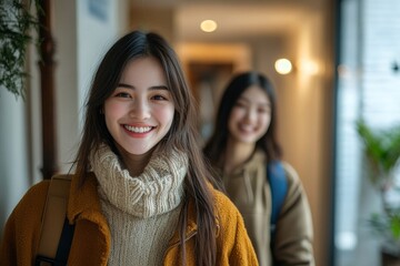 Fototapeta premium Happy Asian woman and her friend carrying their belongings upstairs while relocating into new apartment, Generative AI