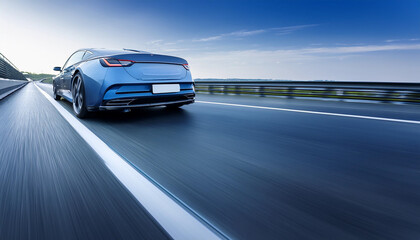 Naklejka premium The image depicts a speeding car driving down a highway, surrounded by motion blur to convey the sense of speed and movement The car is moving swiftly on the road with a clear sky in the background