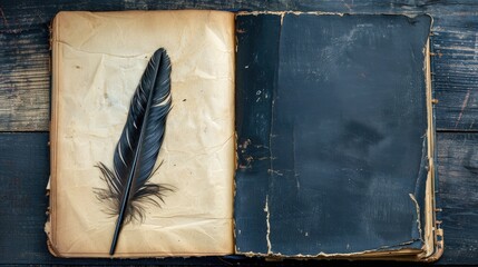 Blank page book on black wooden table with quill pen