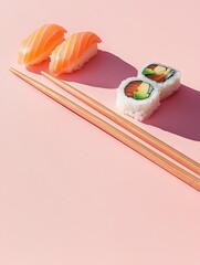 sushi and chopsticks on solid color background