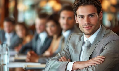 Business man sitting in a meeting with his team, Generative AI