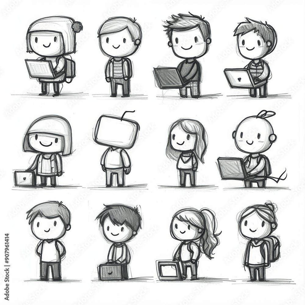 Poster various stick figure characters engaged in different activities in a fun office environment. generat