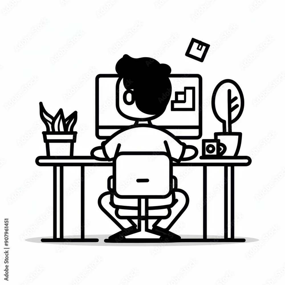 Poster stickman it worker focused on desktop tasks surrounded by greenery and coffee. generative ai