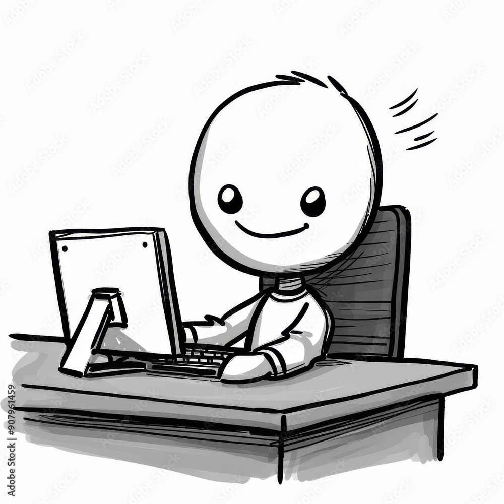 Poster stickman it worker engaged in task at his desk during work hours. generative ai