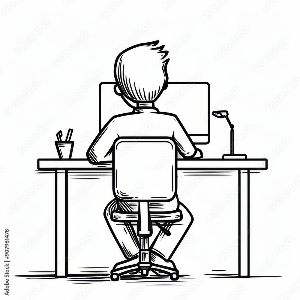 Poster A stickman it worker concentrating on a desktop computer at a simple workspace. Generative AI