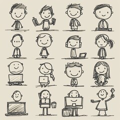 Various stick figure characters engaged in different activities in a fun office environment. Generative AI