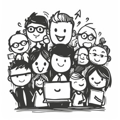 Creative black and white illustration of cute business professionals collaborating together in a fun office environment. Generative AI