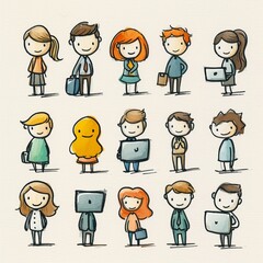 Funny stick figure business people engaged in various activities on a white background. Generative AI