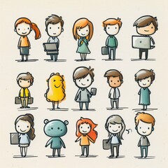 Funny stick figure business people engaged in various activities on a white background. Generative AI