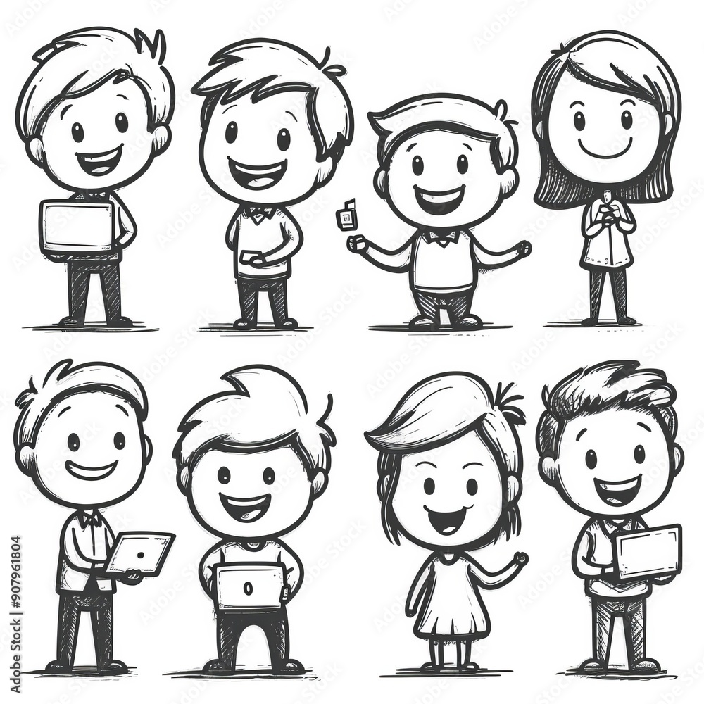 Poster funny animated stick figure characters engaging in various activities on a plain white background. g