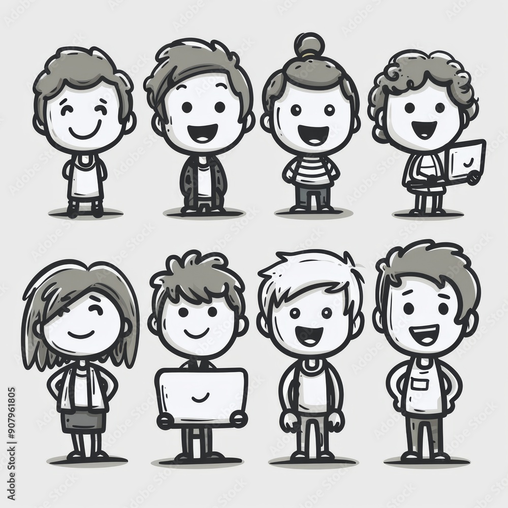 Aufkleber funny animated stick figure characters engaging in various activities on a plain white background. g