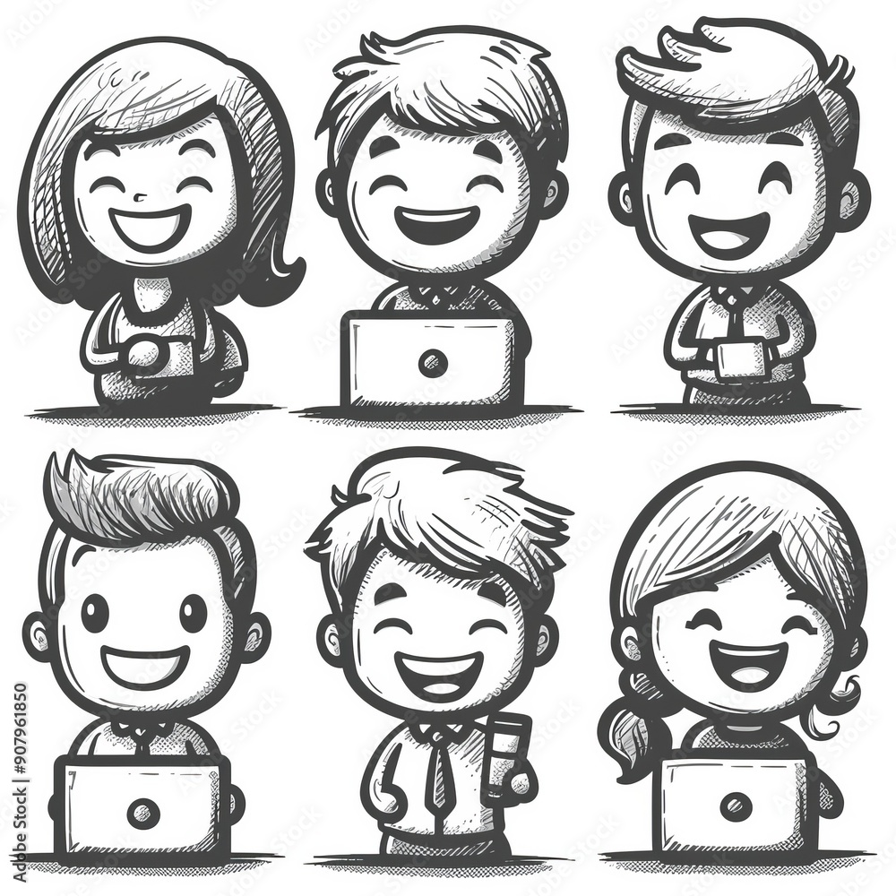 Aufkleber funny animated stick figure characters engaging in various activities on a plain white background. g