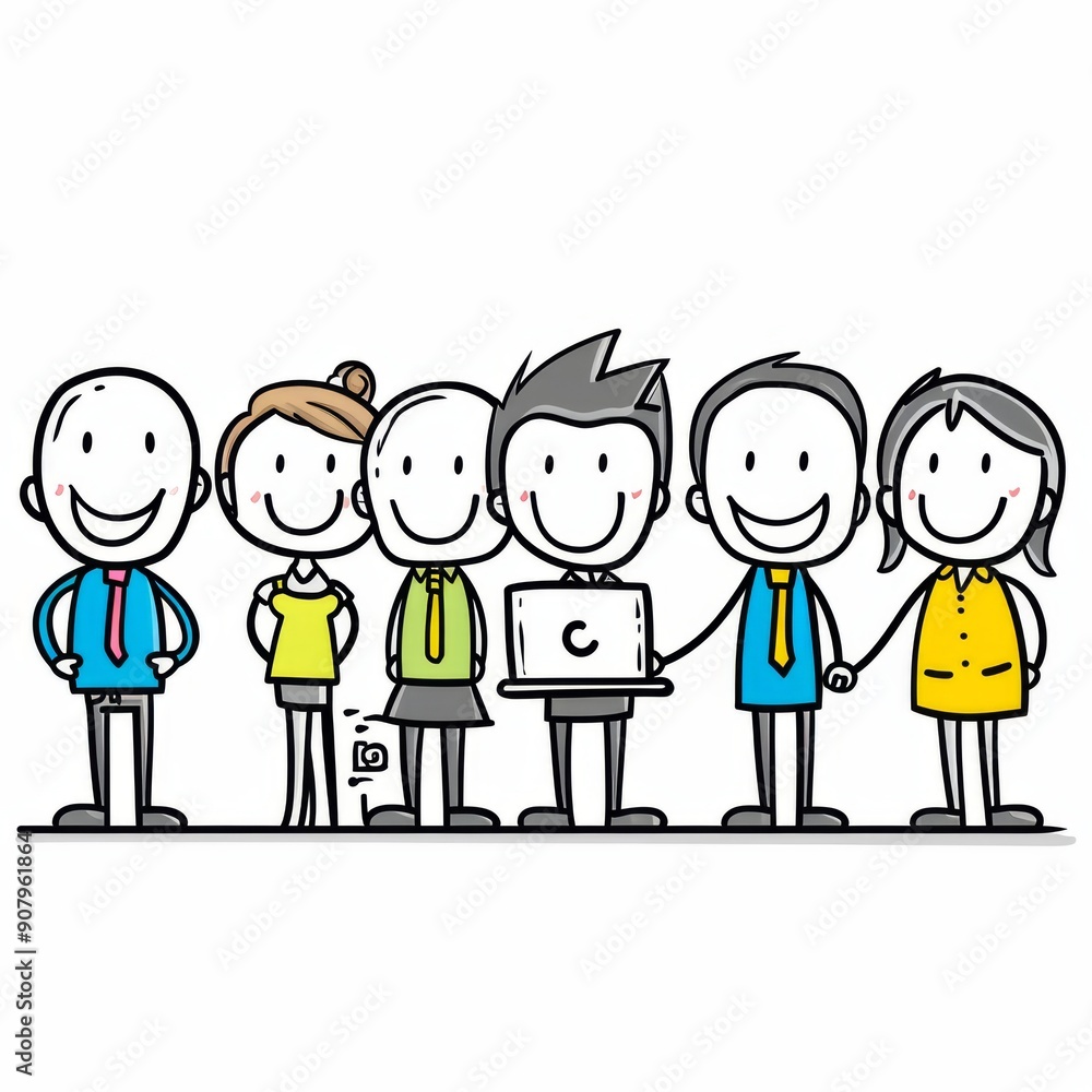 Poster animated stick figures engaging in fun activities on a white background displaying various objects. 
