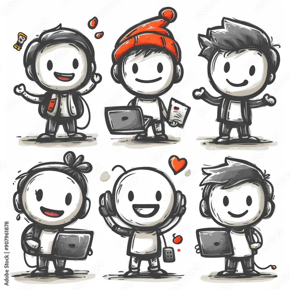 Aufkleber funny animated stick figure characters engaging in various activities on a plain white background. g