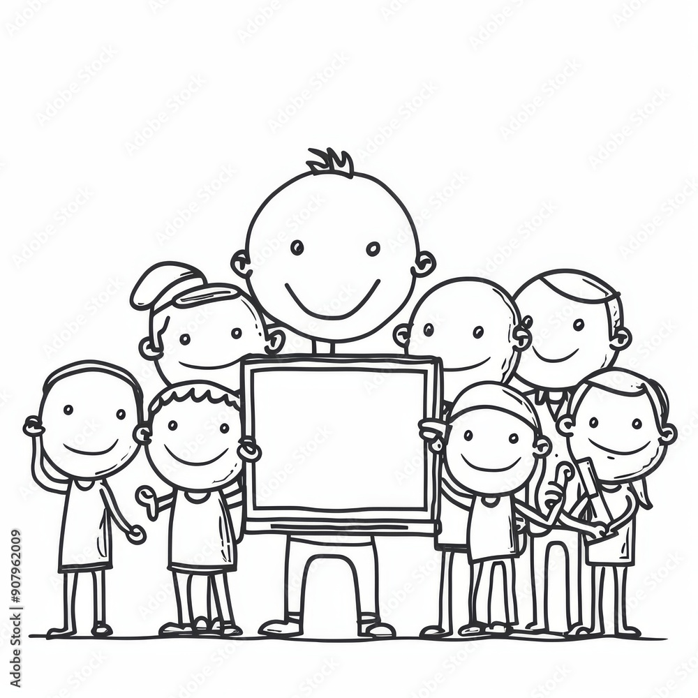Poster delightful animated stick figure characters gather to share a creative idea together on a white back