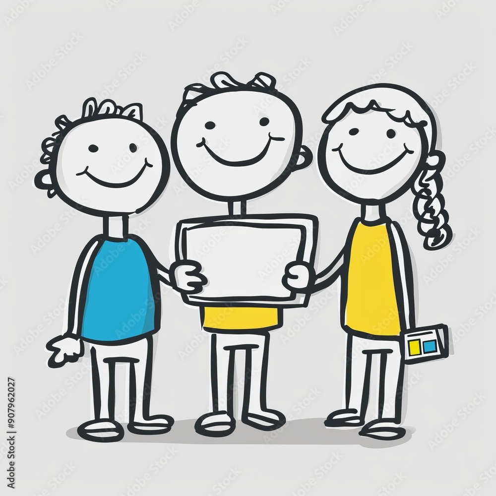 Poster delightful animated stick figure characters gather to share a creative idea together on a white back