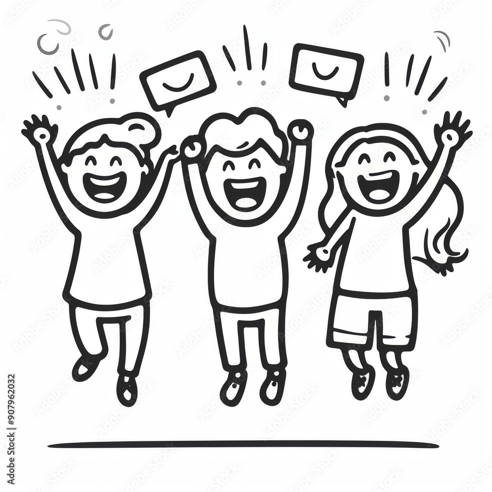 Poster animated stick figure characters celebrating joyfully against a simple white background. jump in joy